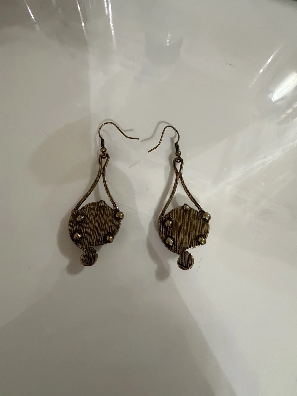 Antique gold earrings with spiral design and Multi colored beads